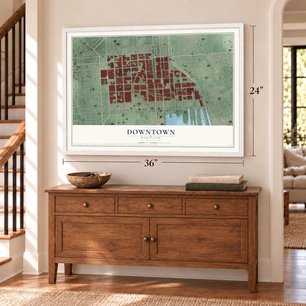 Downtown, Maryland map, 24 x 36 inch print in a white frame above a dresser by a staircase