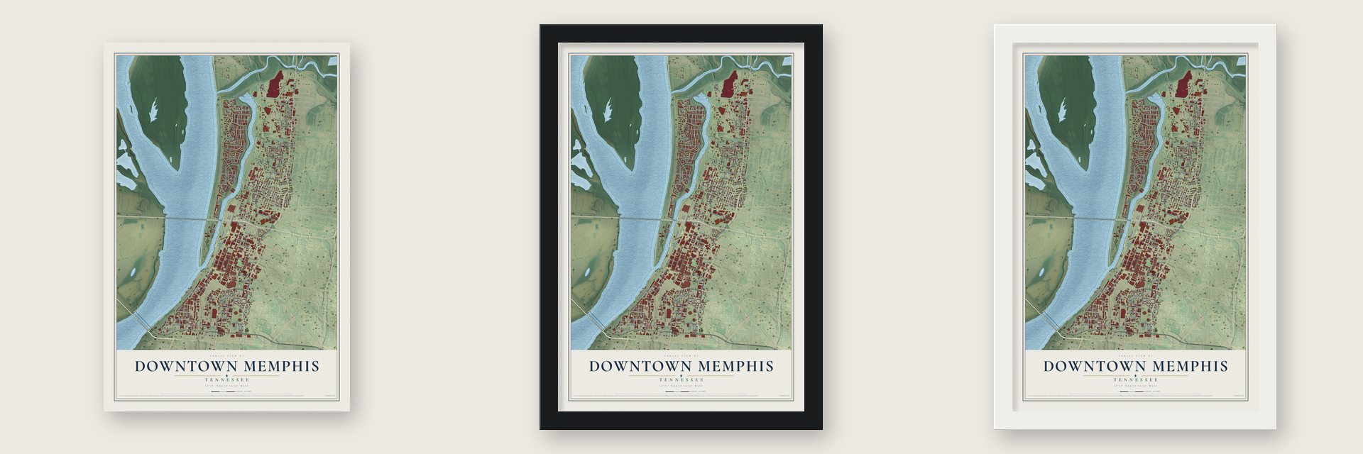 Downtown Memphis, Tennessee map unframed, in a black wood frame and in a white wood frame