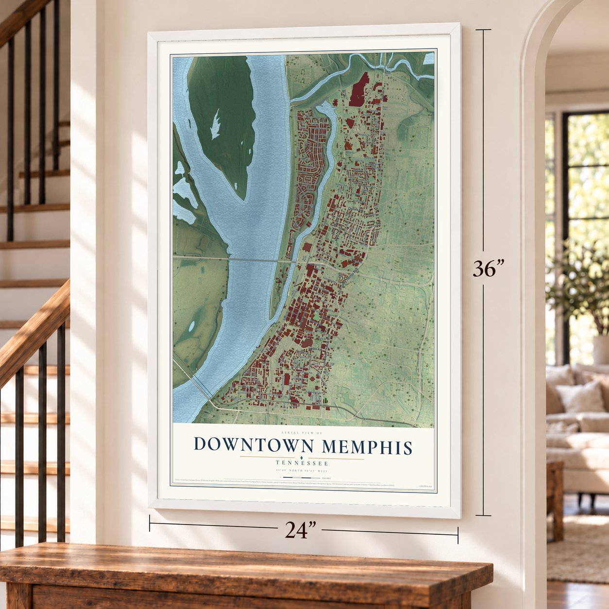 Downtown Memphis, Tennessee map, 24 x 36 inch print in a white frame by a staircase