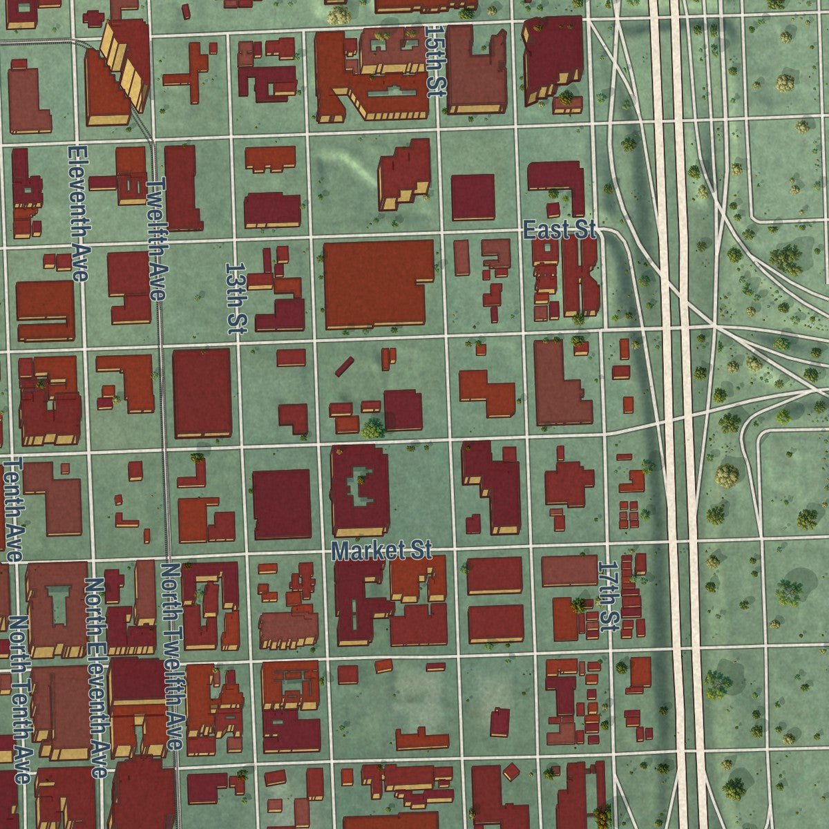 Second close-up of the map of Downtown San Diego, California print showing more streets and buildings