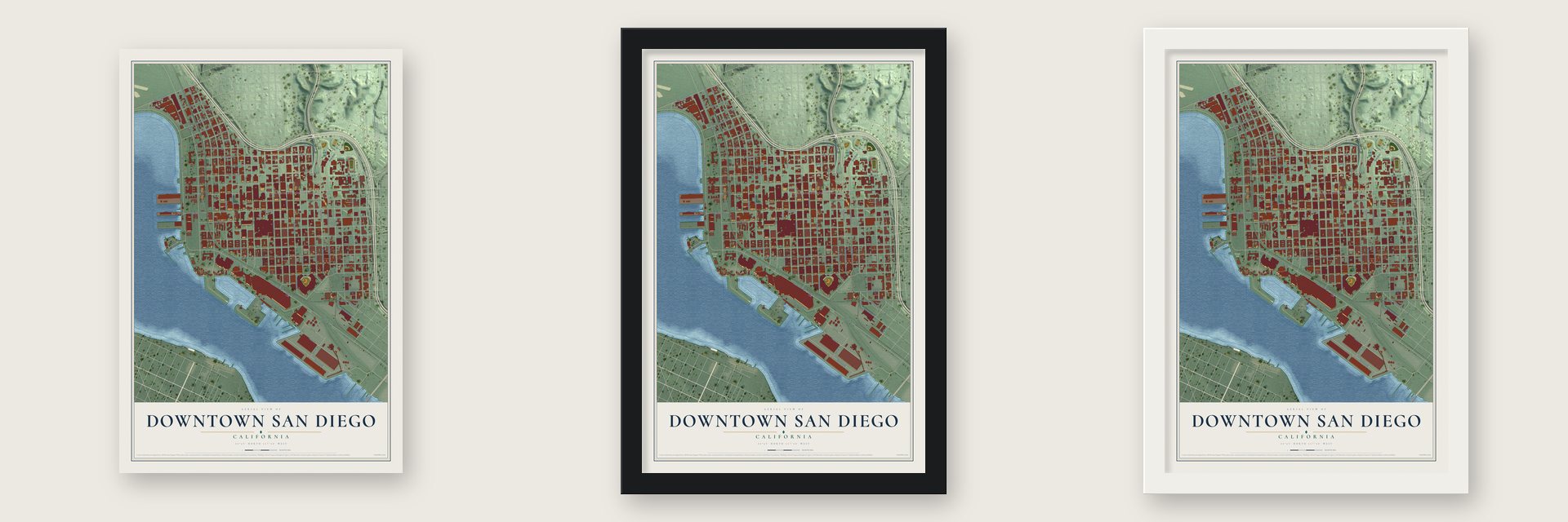 Downtown San Diego, California map unframed, in a black wood frame and in a white wood frame