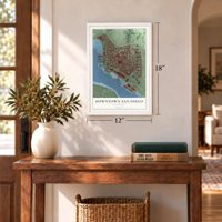 Downtown San Diego, California map, 12 x 18 inch print in a white frame in an entryway