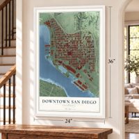 Downtown San Diego, California map, 24 x 36 inch print in a white frame by a staircase