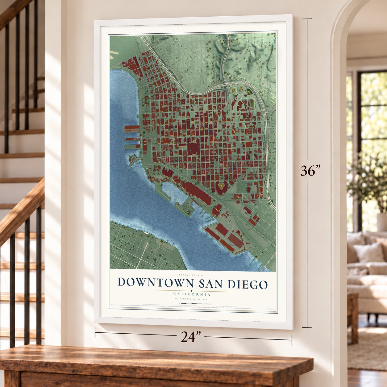 Downtown San Diego, California map, 24 x 36 inch print in a white frame by a staircase