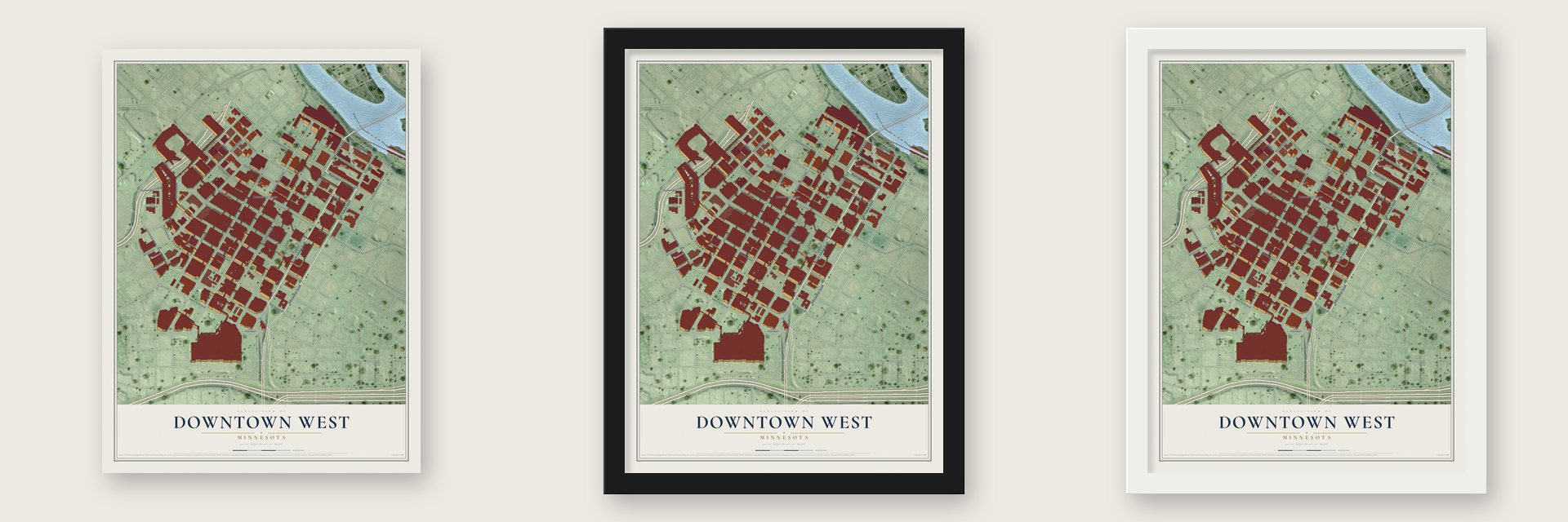Downtown West, Minnesota map unframed, in a black wood frame and in a white wood frame