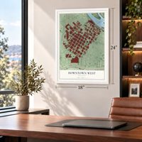 Downtown West, Minnesota map, 18 x 24 inch print in a white frame in a home office