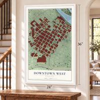 Downtown West, Minnesota map, 24 x 36 inch print in a white frame by a staircase