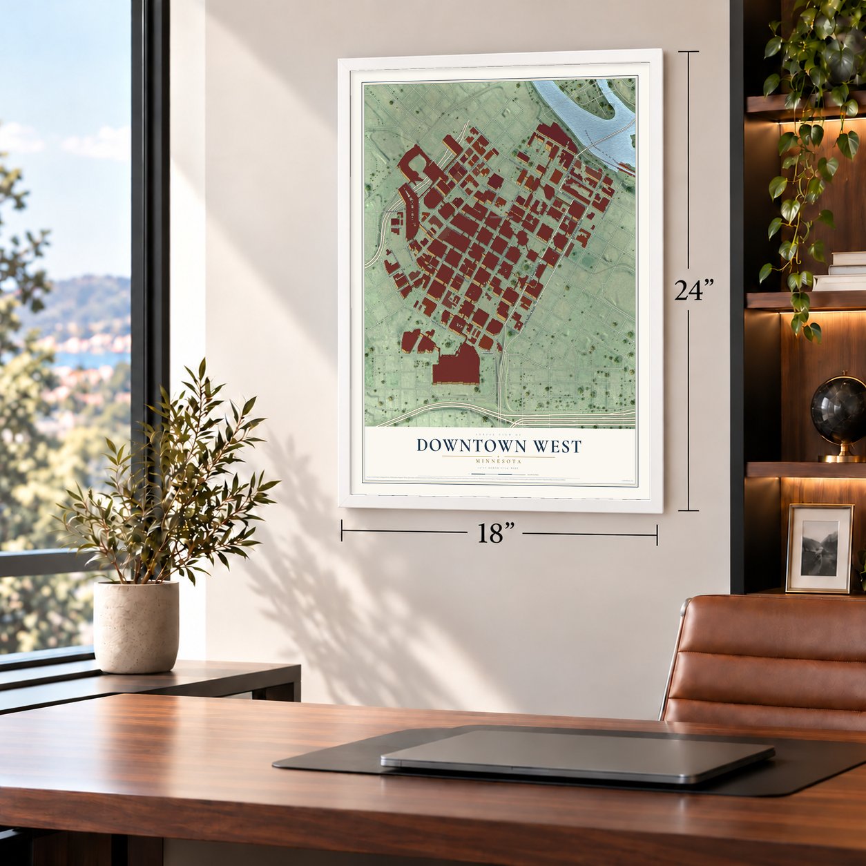 Downtown West, Minnesota map, 18 x 24 inch print in a white frame in a home office