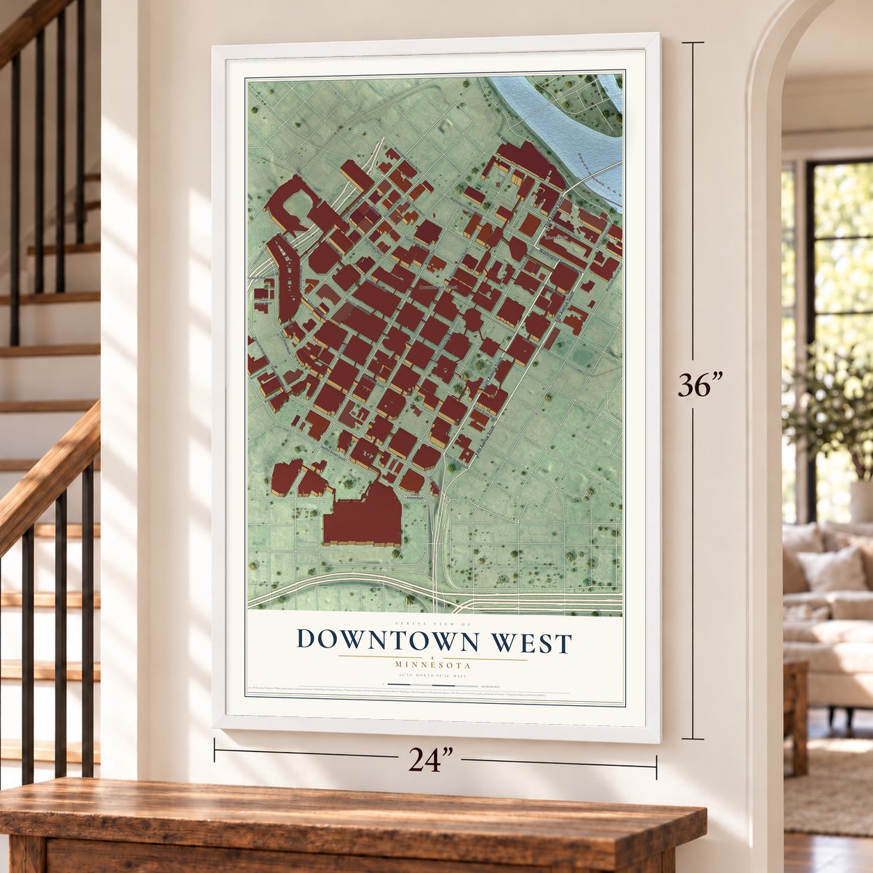 Downtown West, Minnesota map, 24 x 36 inch print in a white frame by a staircase