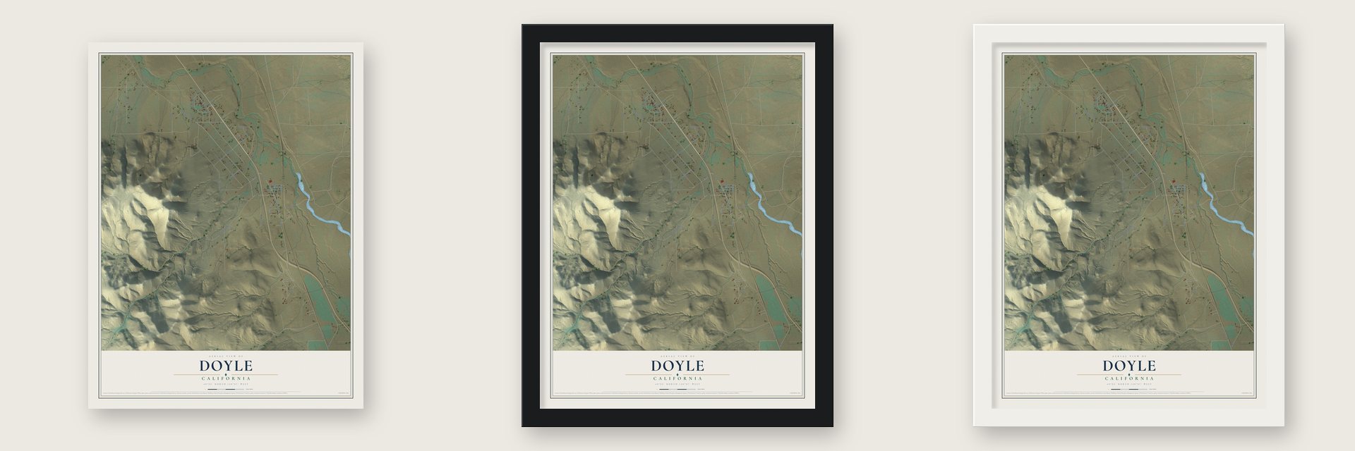 Doyle, California map unframed, in a black wood frame and in a white wood frame