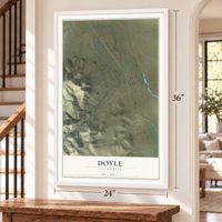 Doyle, California map, 24 x 36 inch print in a white frame by a staircase