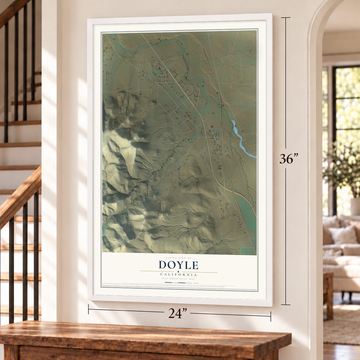 Doyle, California map, 24 x 36 inch print in a white frame by a staircase