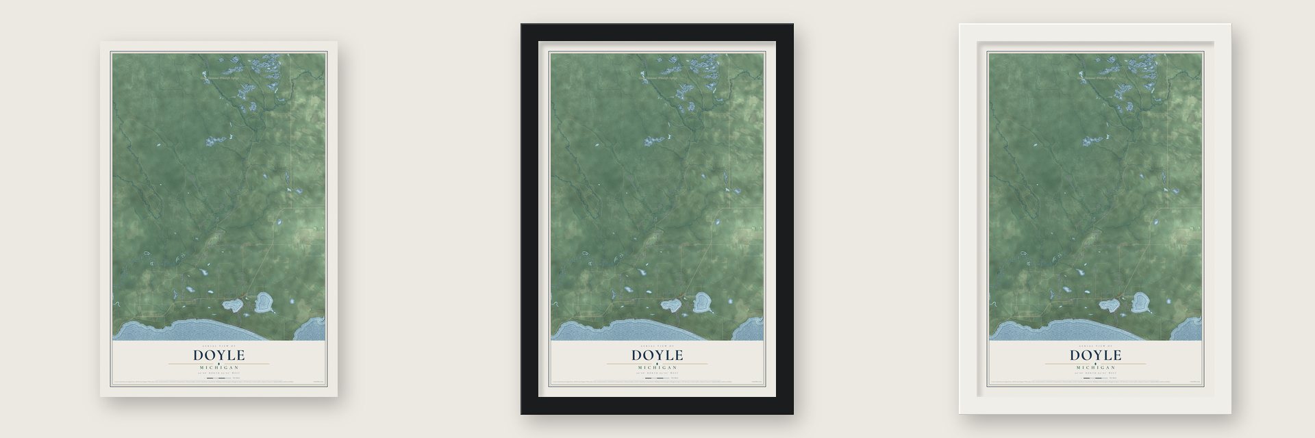 Doyle, Michigan map unframed, in a black wood frame and in a white wood frame