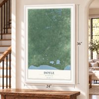 Doyle, Michigan map, 24 x 36 inch print in a white frame by a staircase