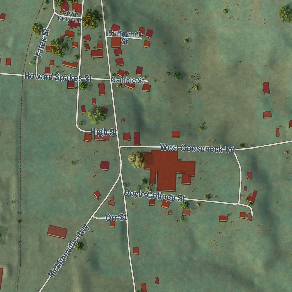 Second close-up of the map of Doyle, Tennessee print showing more streets and buildings