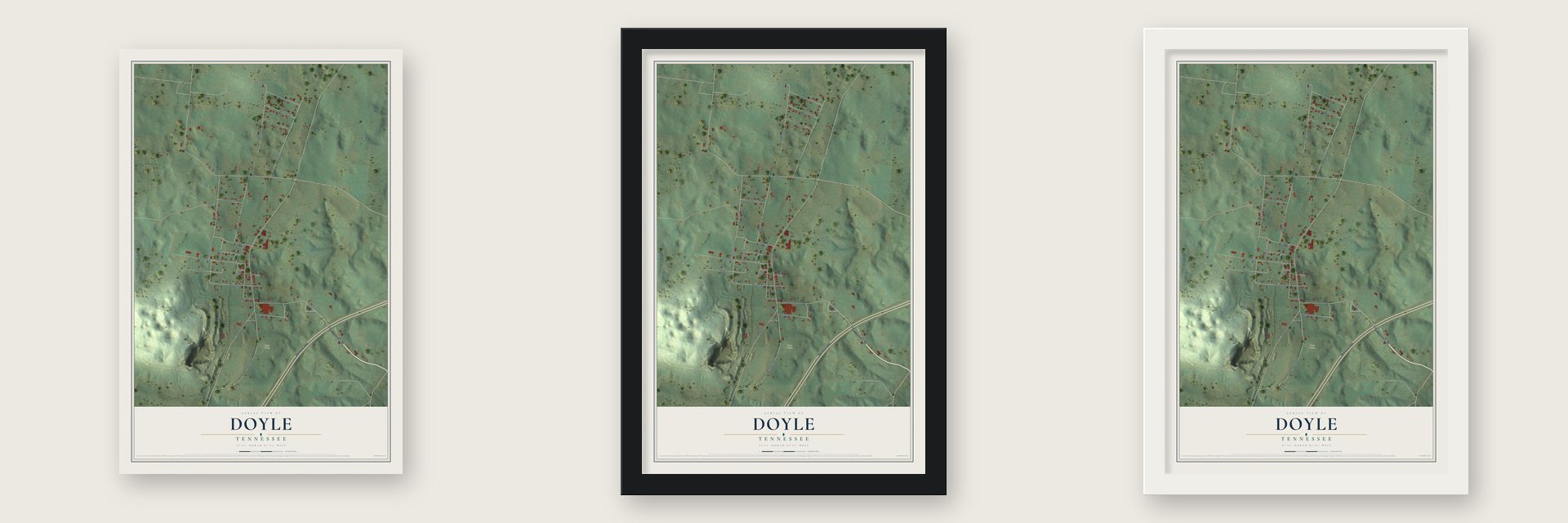 Doyle, Tennessee map unframed, in a black wood frame and in a white wood frame