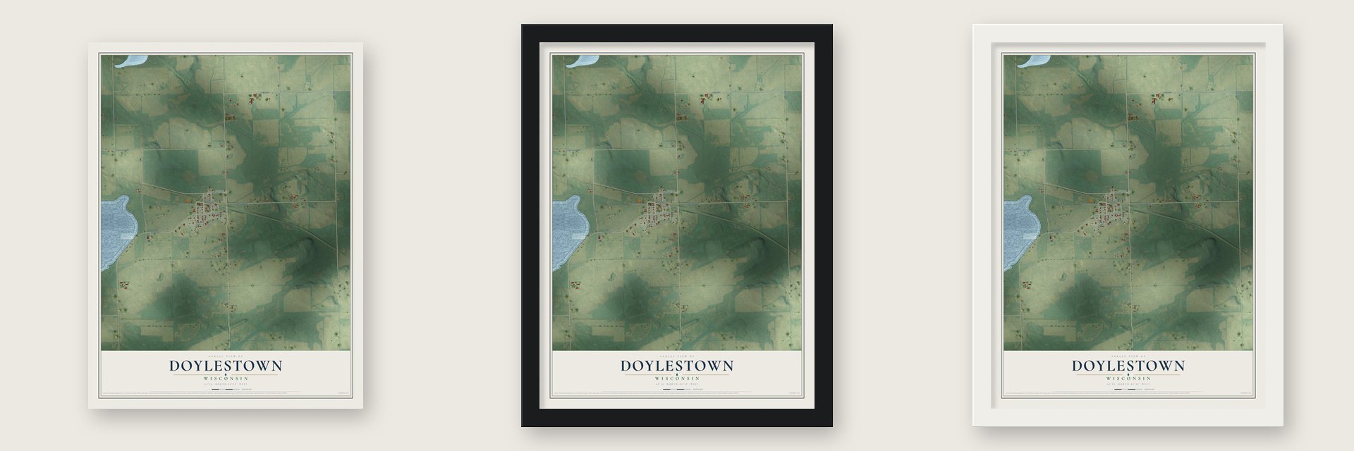 Doylestown, Wisconsin map unframed, in a black wood frame and in a white wood frame