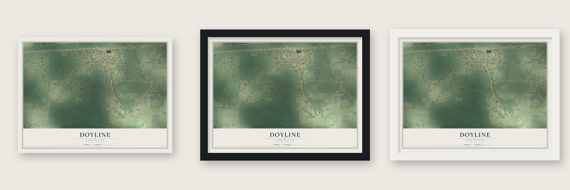 Doyline, Louisiana map unframed, in a black wood frame and in a white wood frame