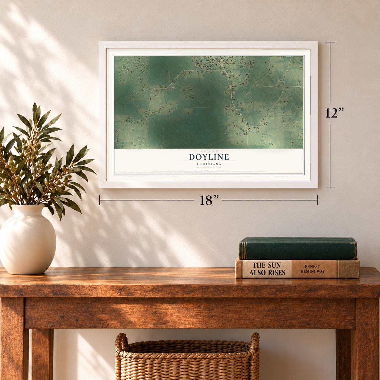 Doyline, Louisiana map, 12 x 18 inch print in a white frame in an entryway