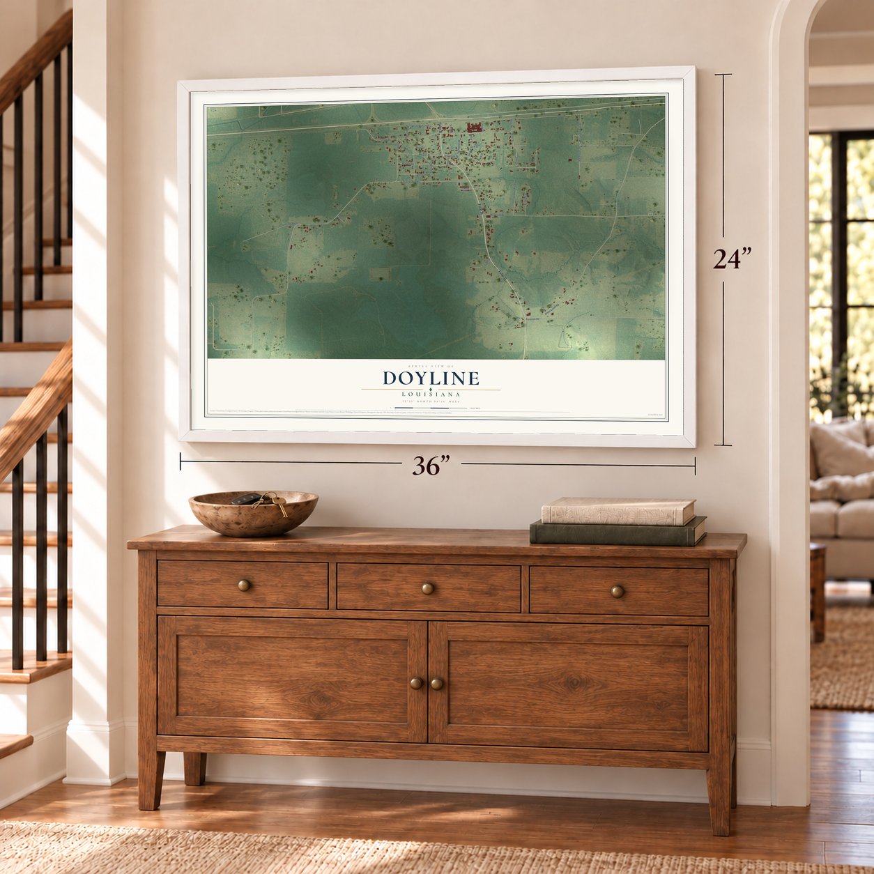 Doyline, Louisiana map, 24 x 36 inch print in a white frame above a dresser by a staircase