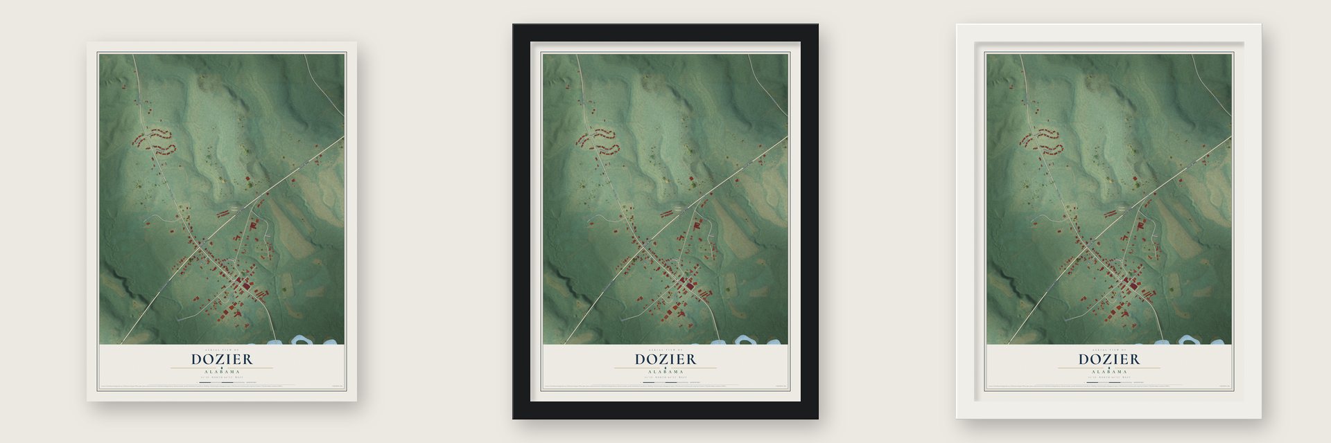 Dozier, Alabama map unframed, in a black wood frame and in a white wood frame