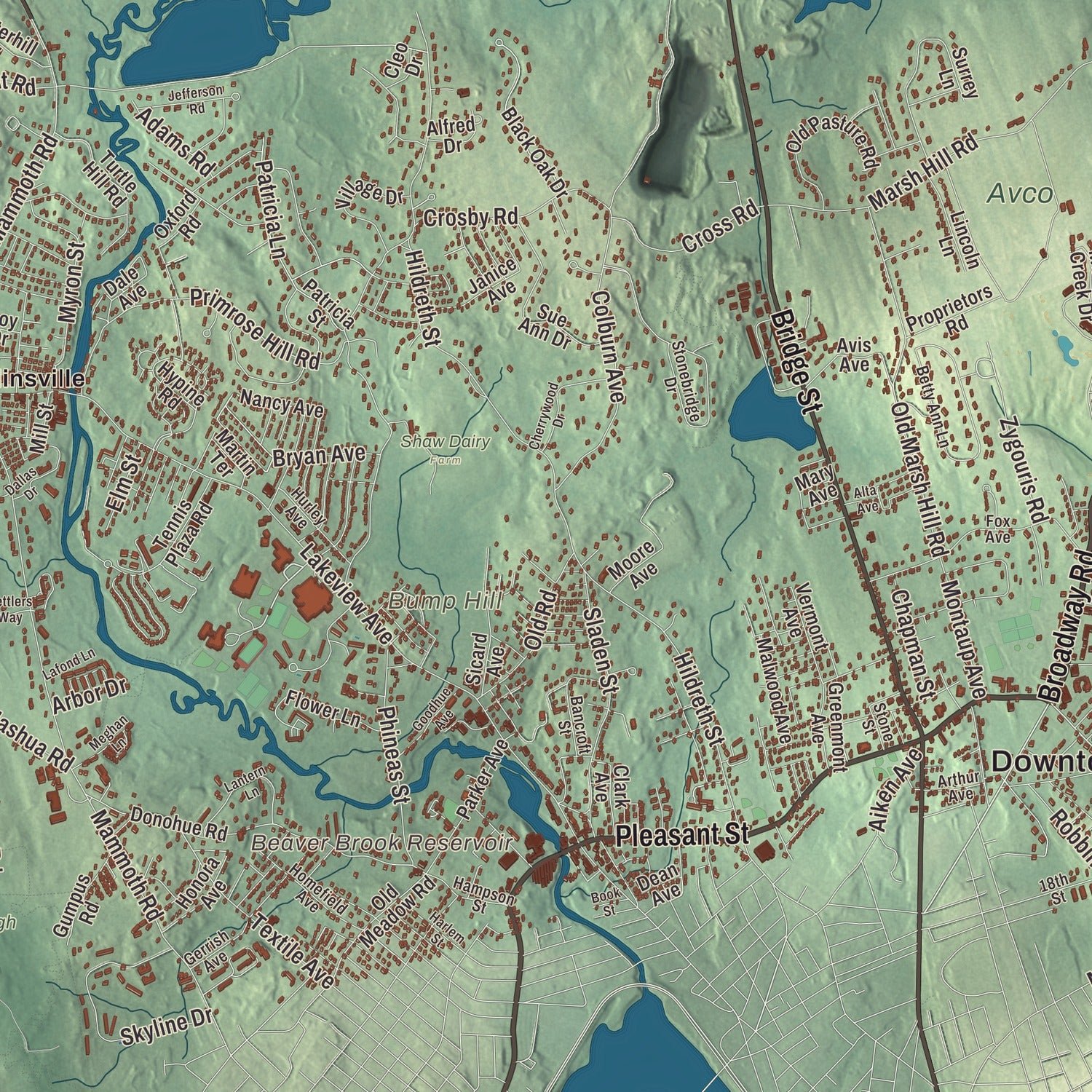 Close-up of the map of Dracut, Massachusetts print showing terrain and local geography