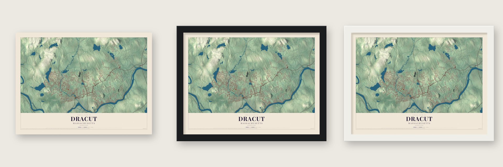 Dracut, Massachusetts map unframed, in a black wood frame and in a white wood frame