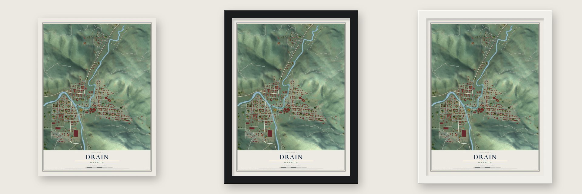 Drain, Oregon map unframed, in a black wood frame and in a white wood frame