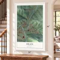 Drain, Oregon map, 24 x 36 inch print in a white frame by a staircase