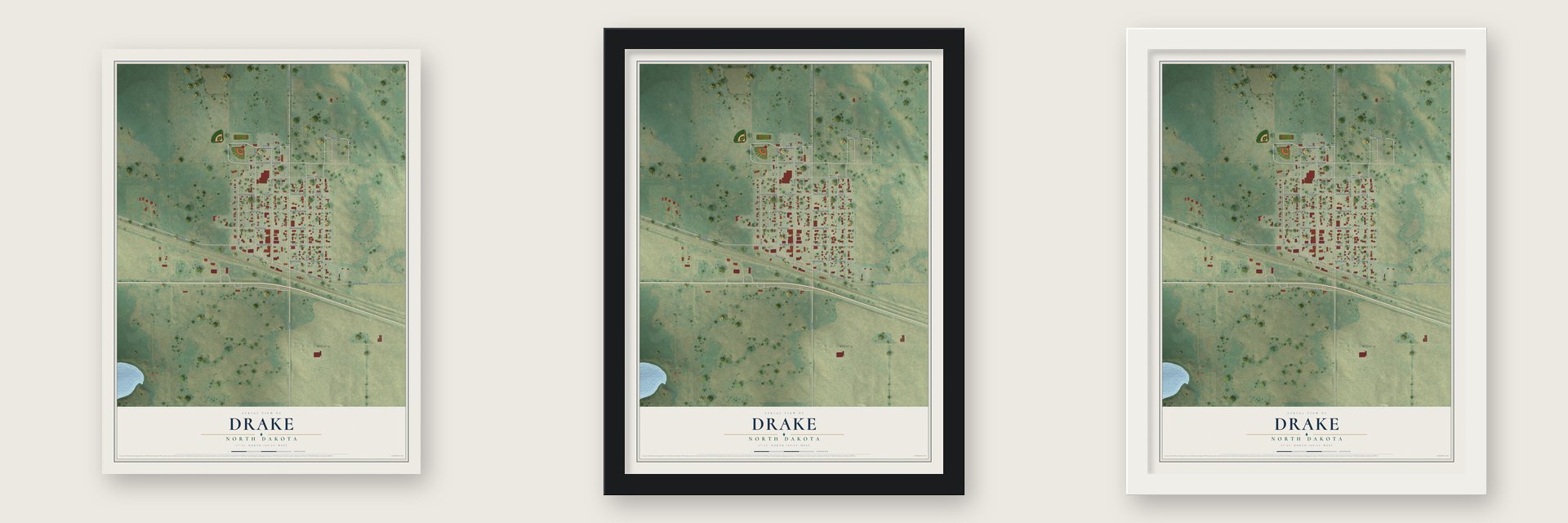 Drake, North Dakota map unframed, in a black wood frame and in a white wood frame