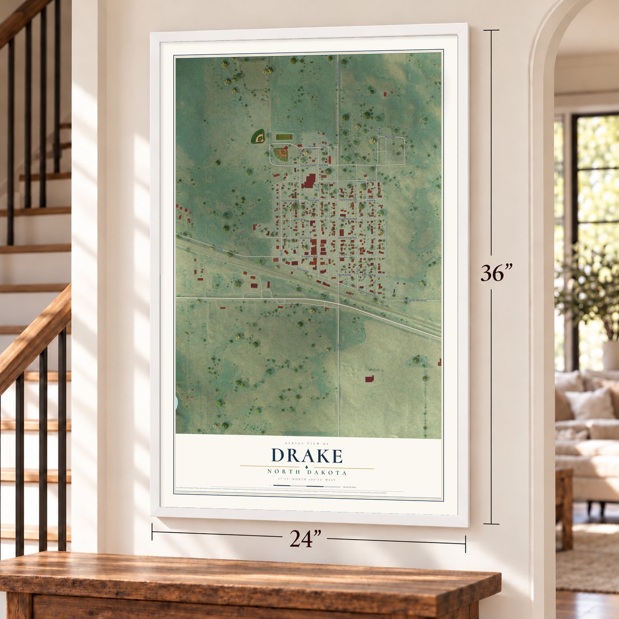 Drake, North Dakota map, 24 x 36 inch print in a white frame by a staircase
