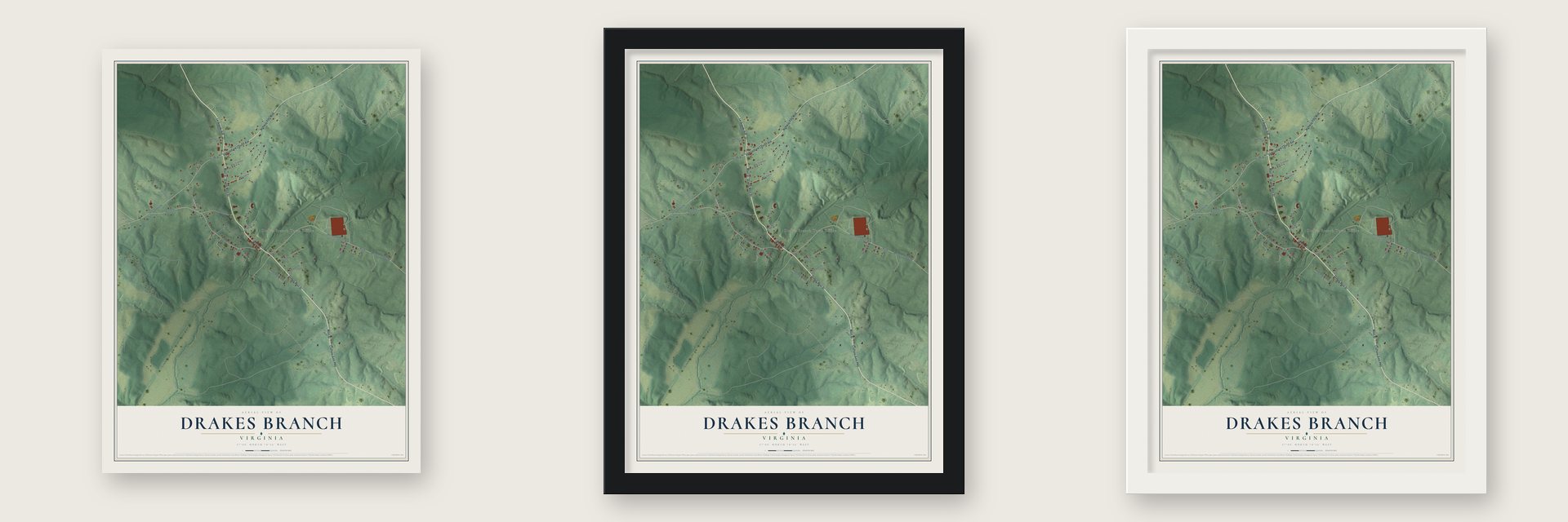 Drakes Branch, Virginia map unframed, in a black wood frame and in a white wood frame