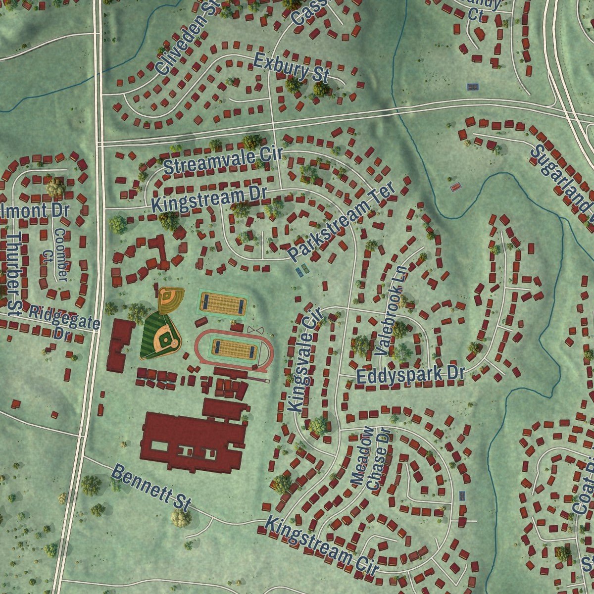 Second close-up of the map of Dranesville, Virginia print showing more streets and buildings