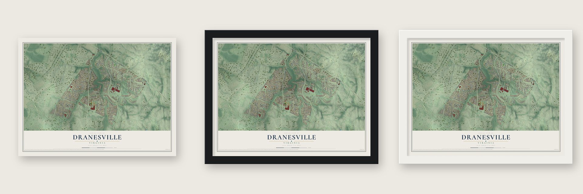 Dranesville, Virginia map unframed, in a black wood frame and in a white wood frame