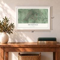 Dranesville, Virginia map, 12 x 18 inch print in a white frame in an entryway