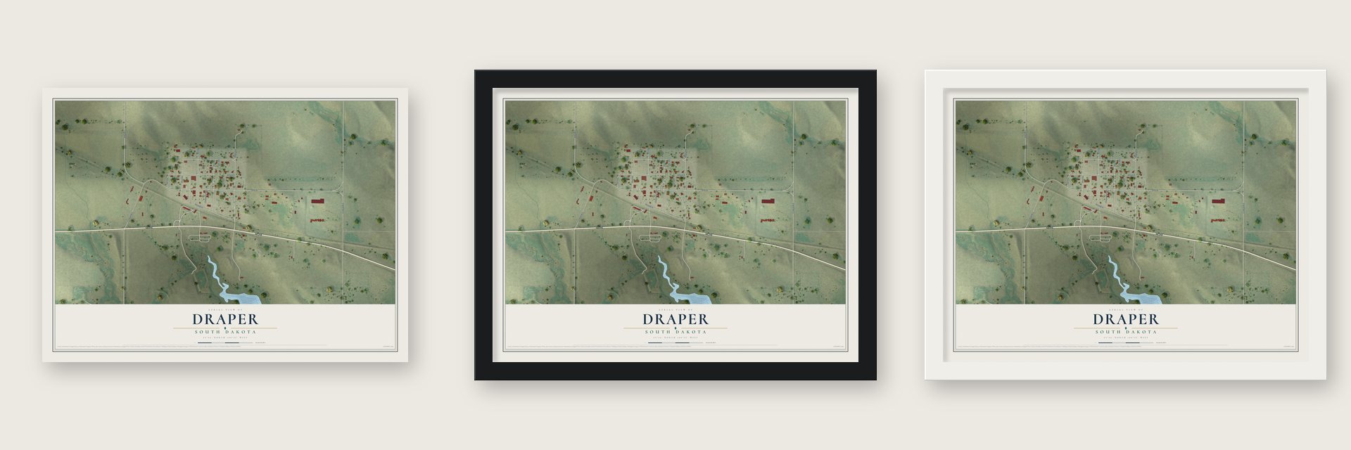Draper, South Dakota map unframed, in a black wood frame and in a white wood frame