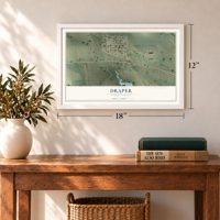 Draper, South Dakota map, 12 x 18 inch print in a white frame in an entryway