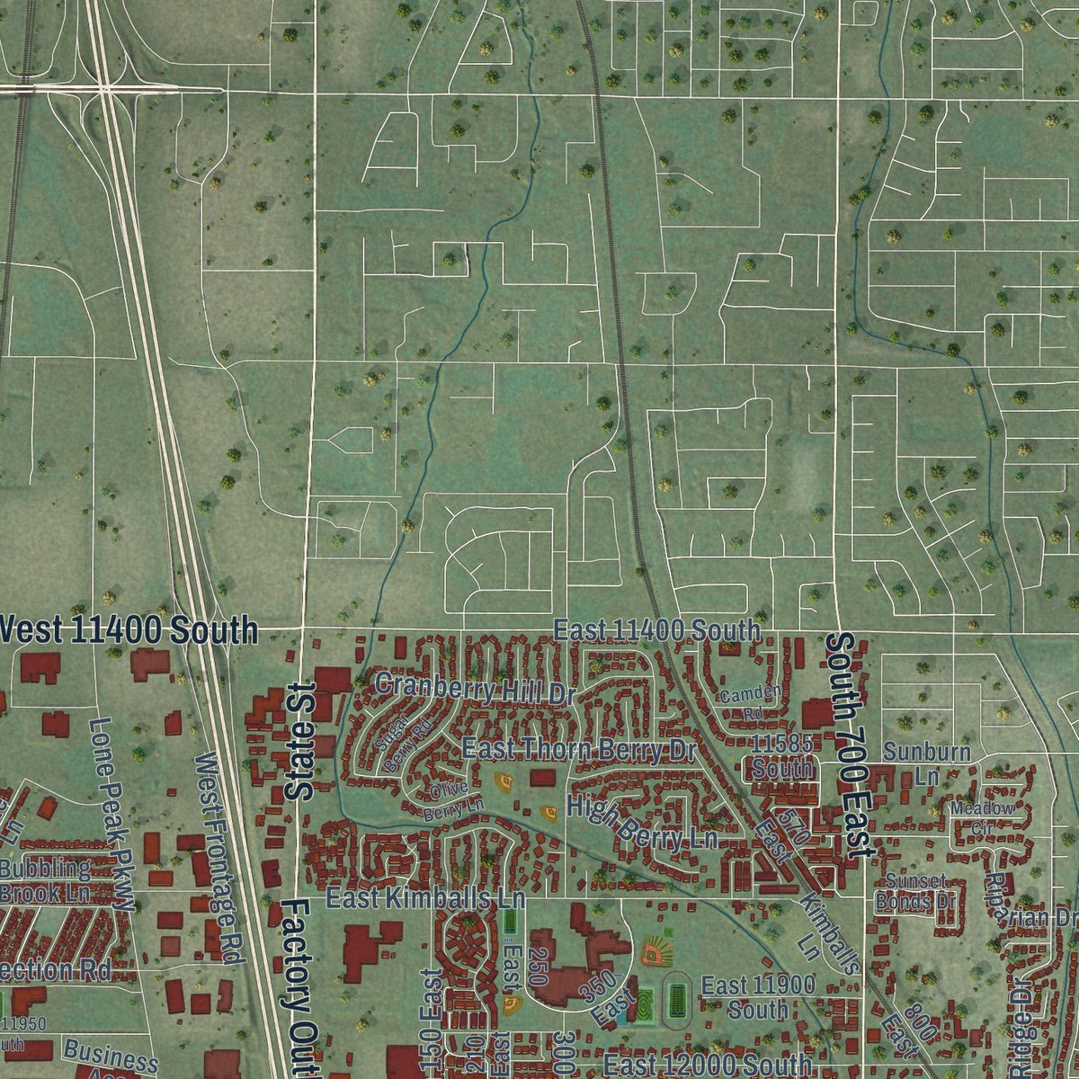 Second close-up of the map of Draper, Utah print showing more streets and buildings