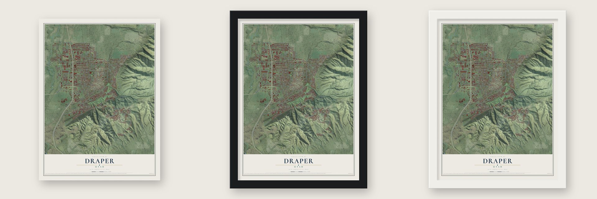 Draper, Utah map unframed, in a black wood frame and in a white wood frame
