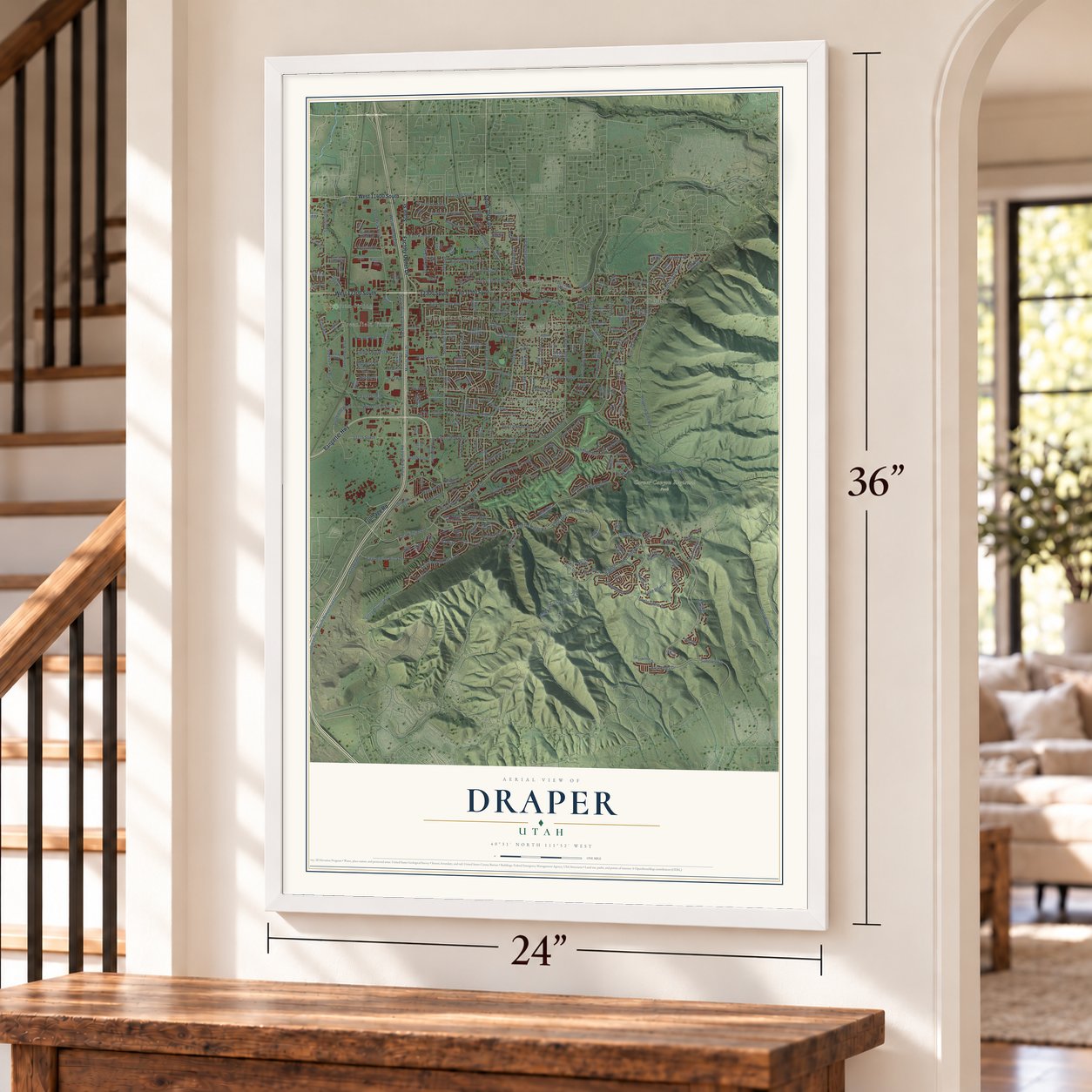 Draper, Utah map, 24 x 36 inch print in a white frame by a staircase