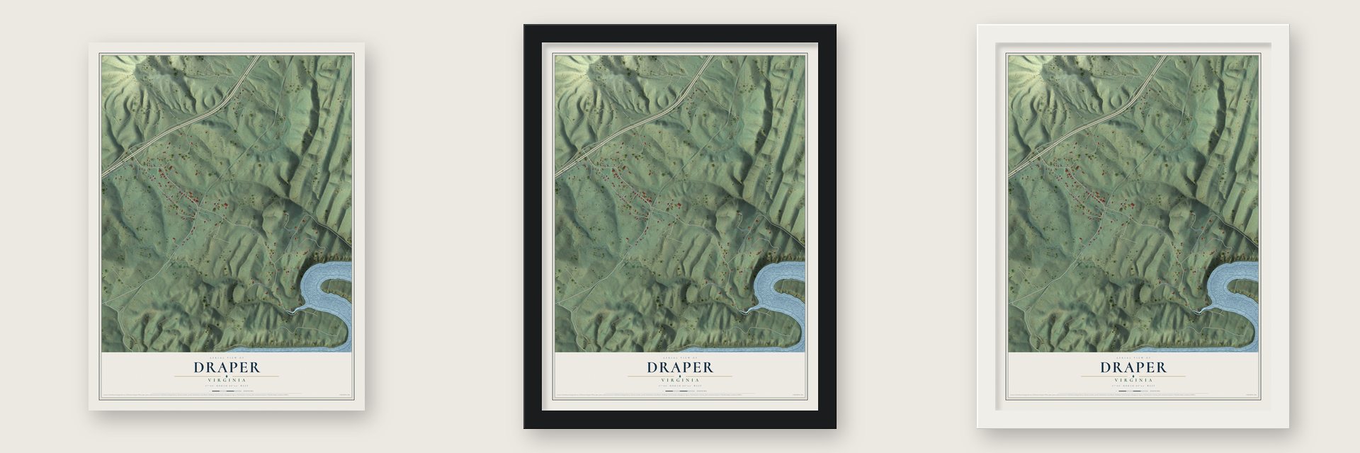 Draper, Virginia map unframed, in a black wood frame and in a white wood frame