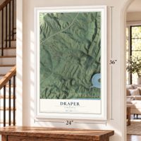 Draper, Virginia map, 24 x 36 inch print in a white frame by a staircase