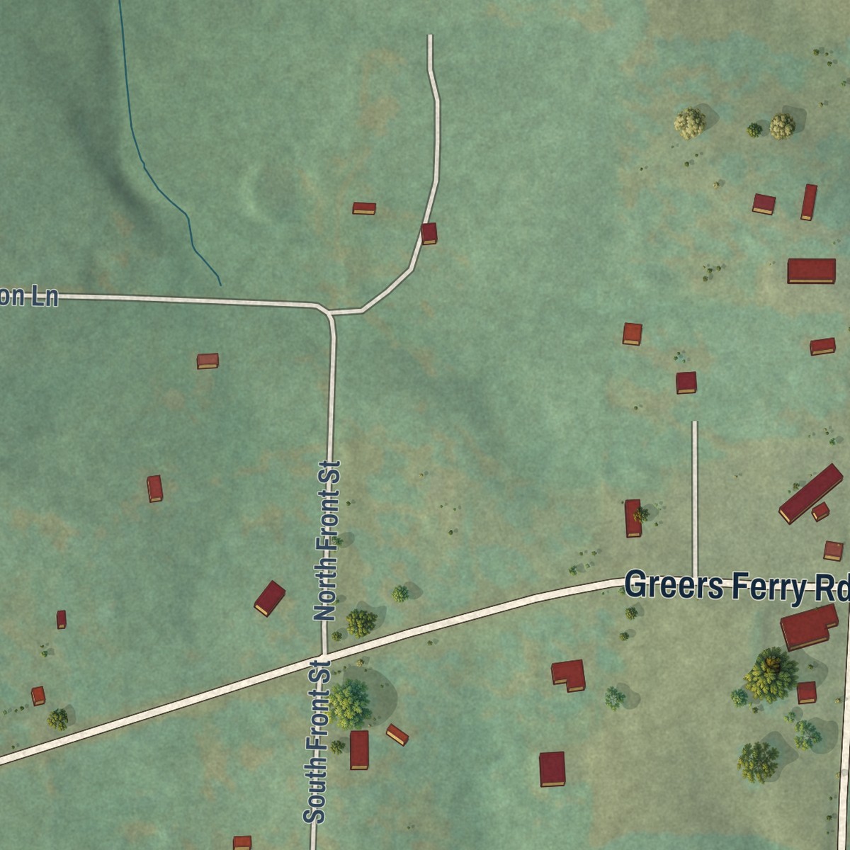 Second close-up of the map of Drasco, Arkansas print showing more streets and buildings