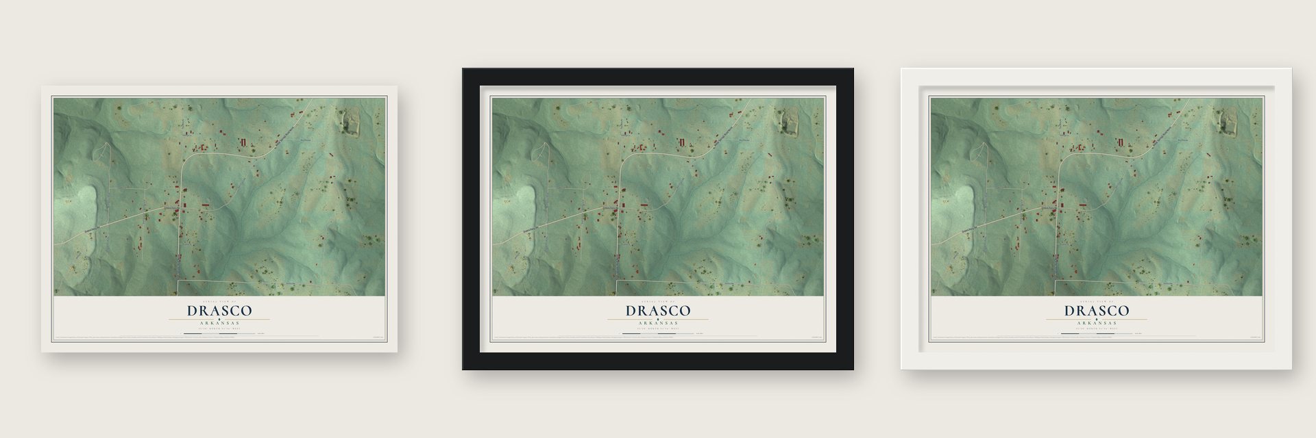 Drasco, Arkansas map unframed, in a black wood frame and in a white wood frame