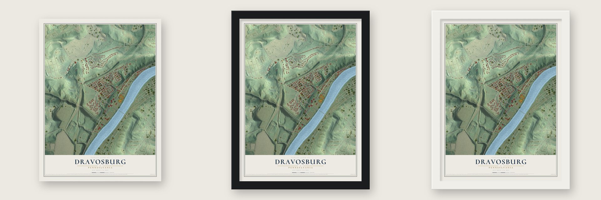 Dravosburg, Pennsylvania map unframed, in a black wood frame and in a white wood frame