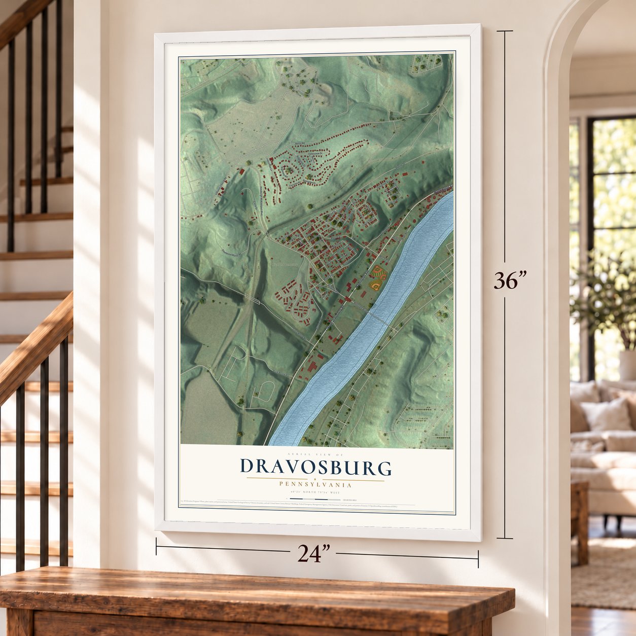 Dravosburg, Pennsylvania map, 24 x 36 inch print in a white frame by a staircase
