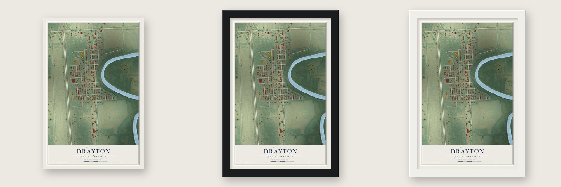 Drayton, North Dakota map unframed, in a black wood frame and in a white wood frame