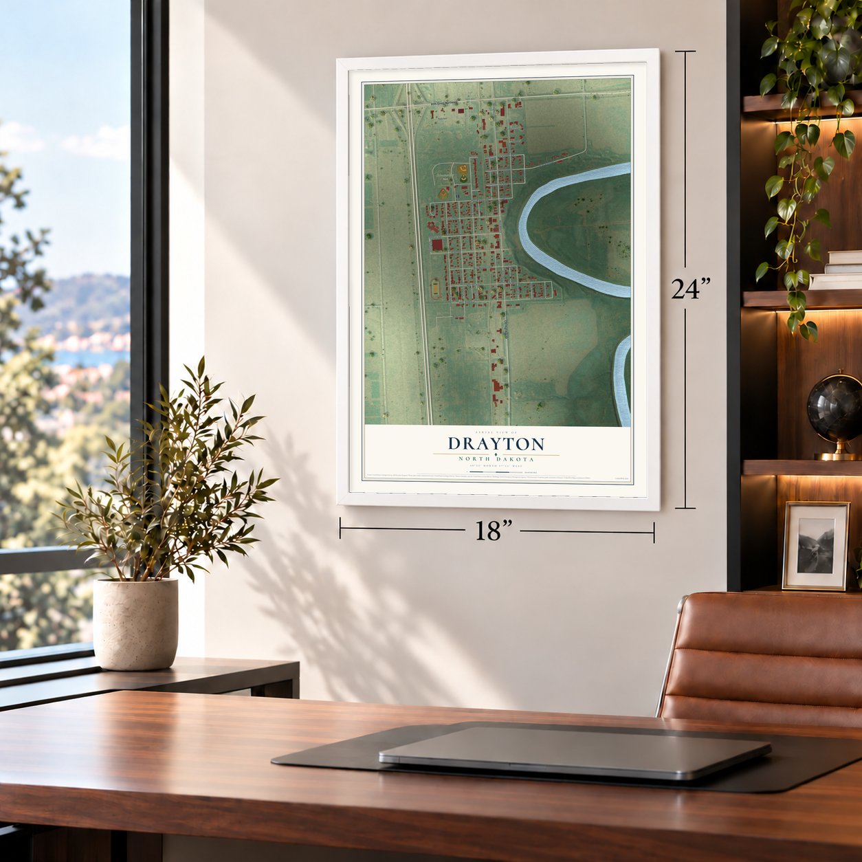 Drayton, North Dakota map, 18 x 24 inch print in a white frame in a home office