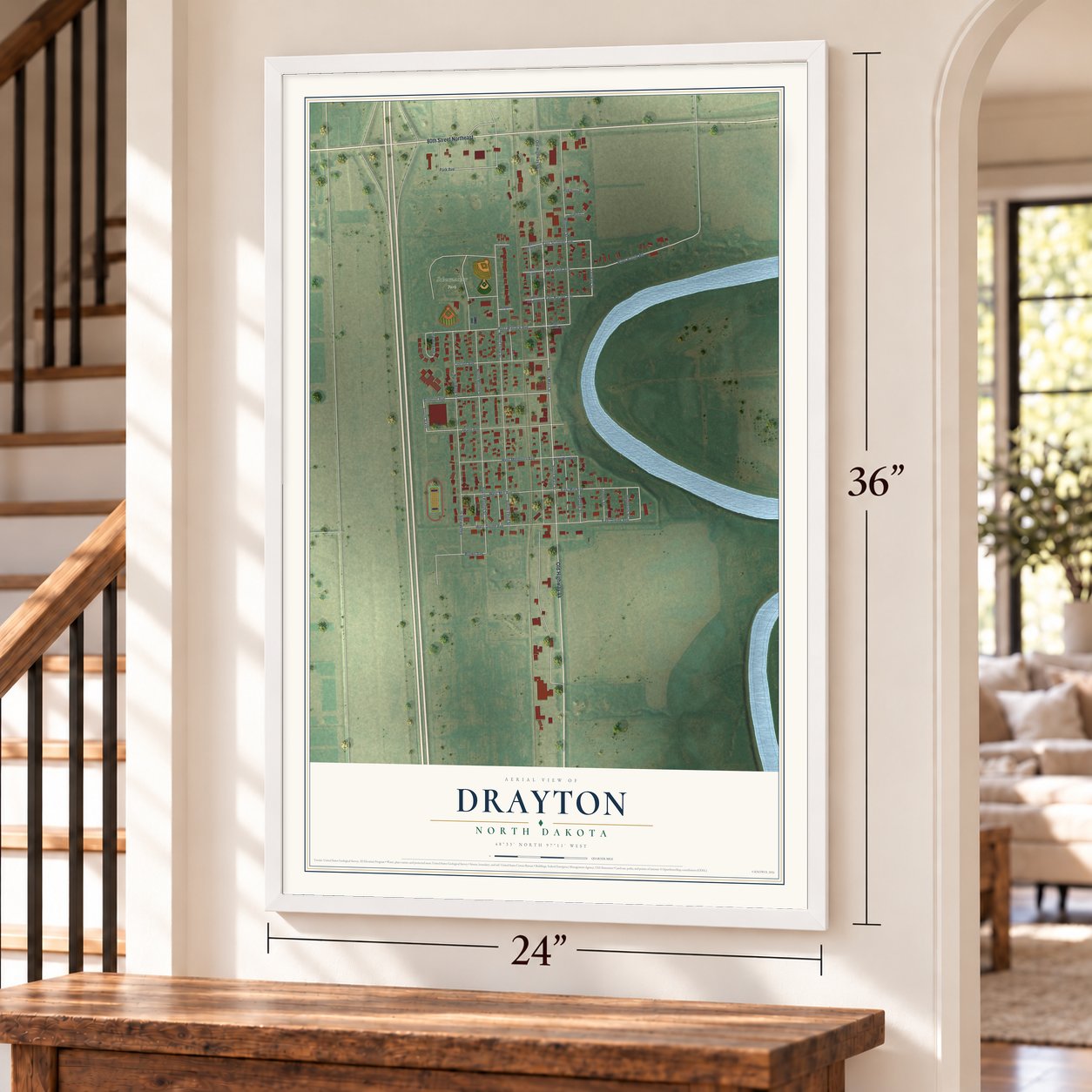 Drayton, North Dakota map, 24 x 36 inch print in a white frame by a staircase
