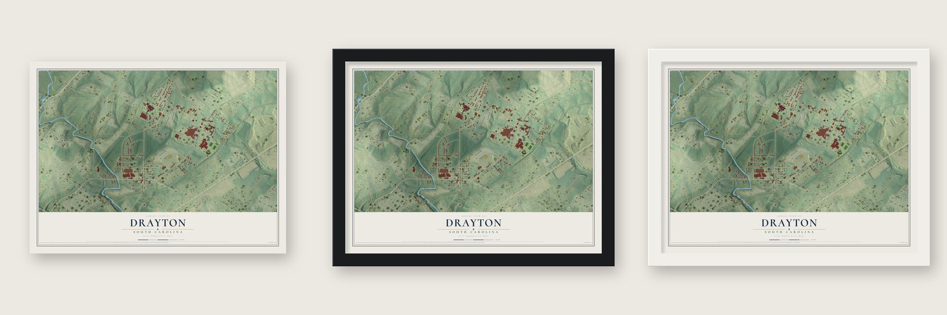 Drayton, South Carolina map unframed, in a black wood frame and in a white wood frame